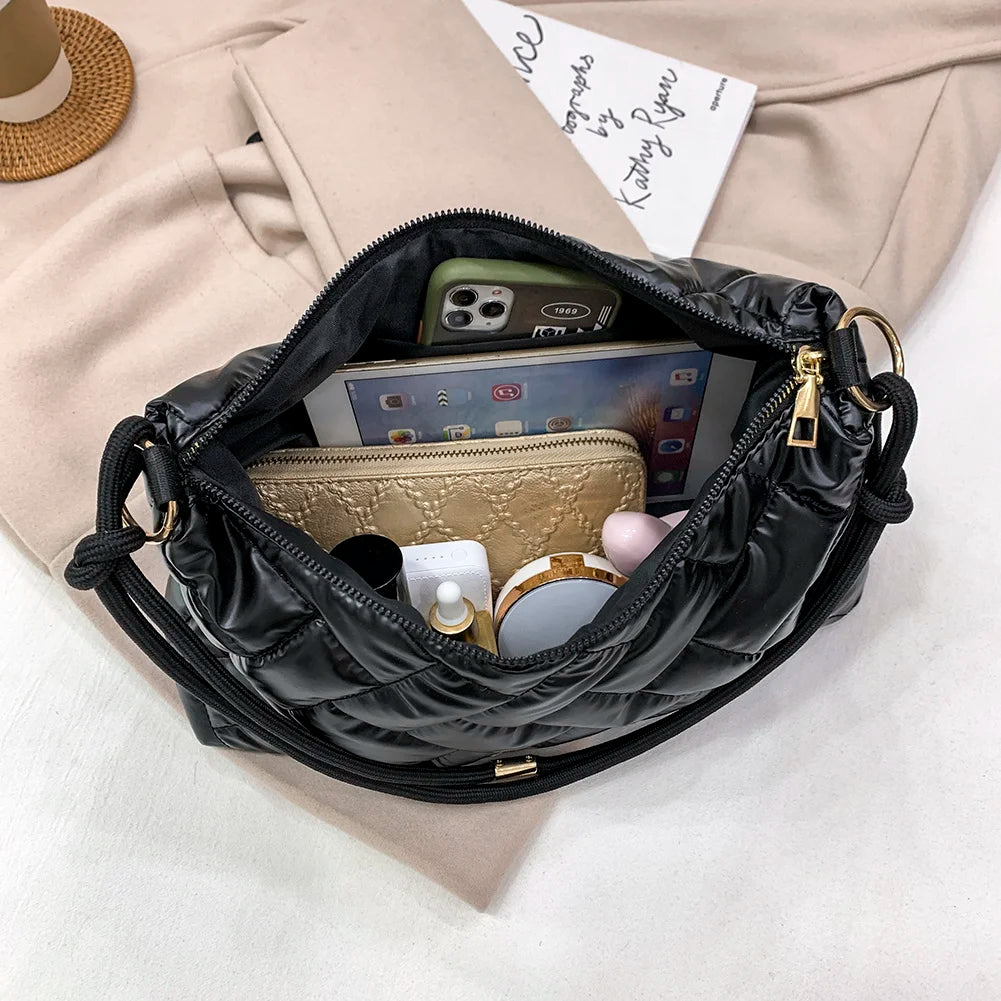 Women Space Padded Nylon Quilted Shoulder Bag Solid Zipper Top-handle Bags