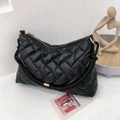 Women Space Padded Nylon Quilted Shoulder Bag Solid Zipper Top-handle Bags