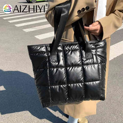 Women Space Padded Nylon Top-handle Bag Solid Zipper Handbag
