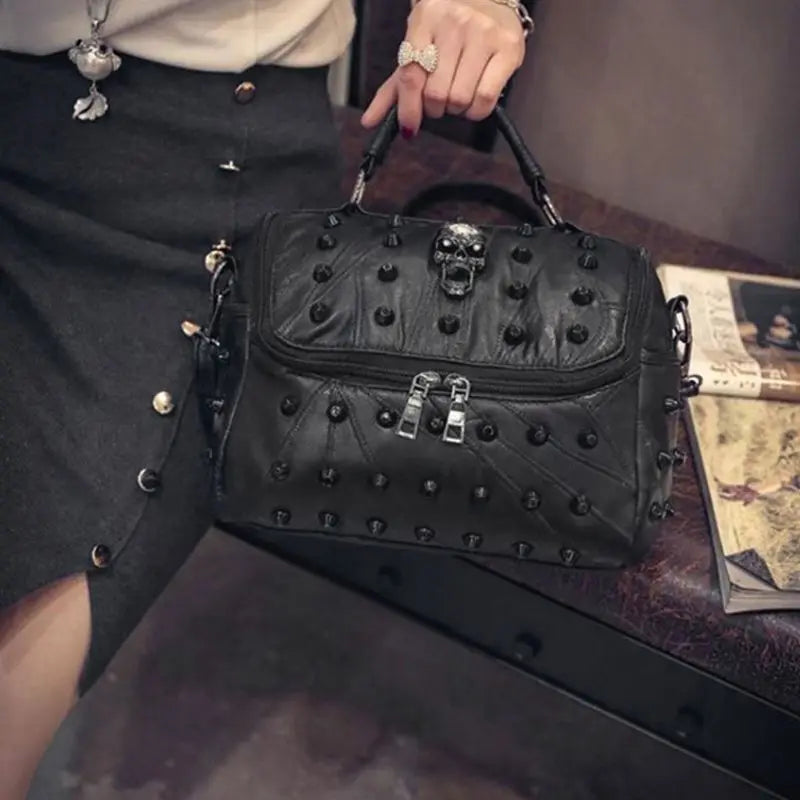Split Leather Messenger Rivet Skull Tote Handbag Crossbody Satchel Purse