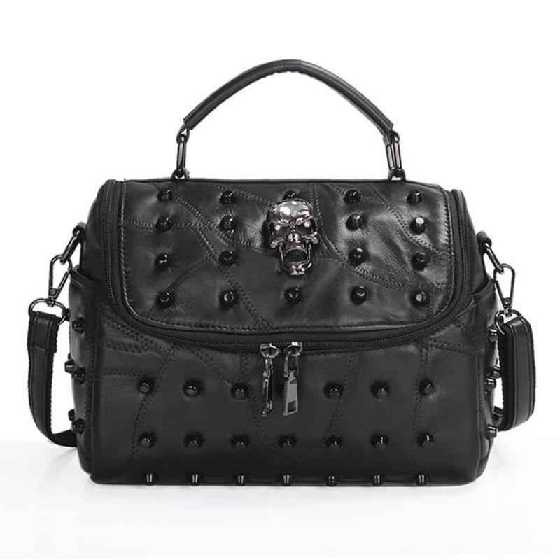 Split Leather Messenger Rivet Skull Tote Handbag Crossbody Satchel Purse