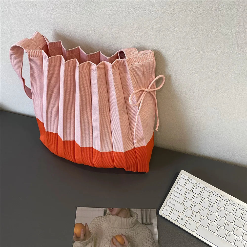 Women Stripe Knit Pleated Bag Folding Single-shoulder Organ Shopping Bags