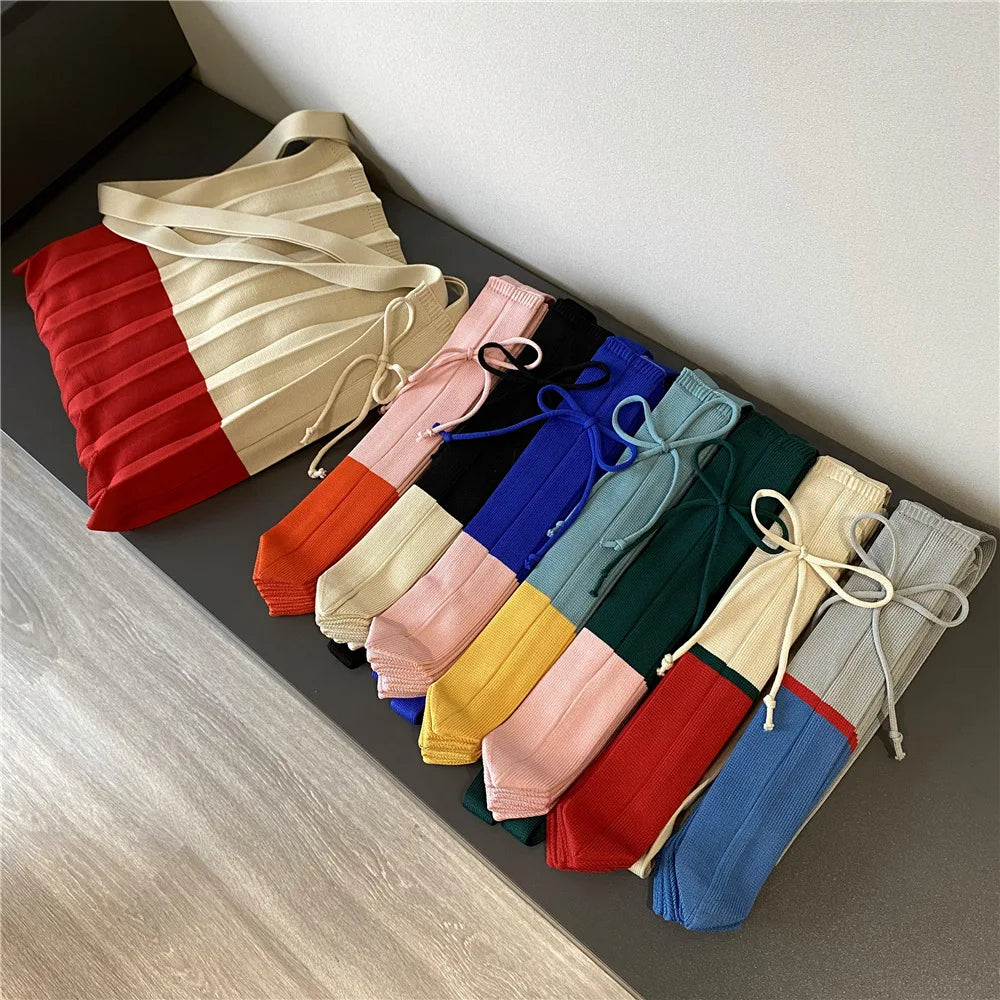 Women Stripe Knit Pleated Bag Folding Single-shoulder Organ Shopping Bags