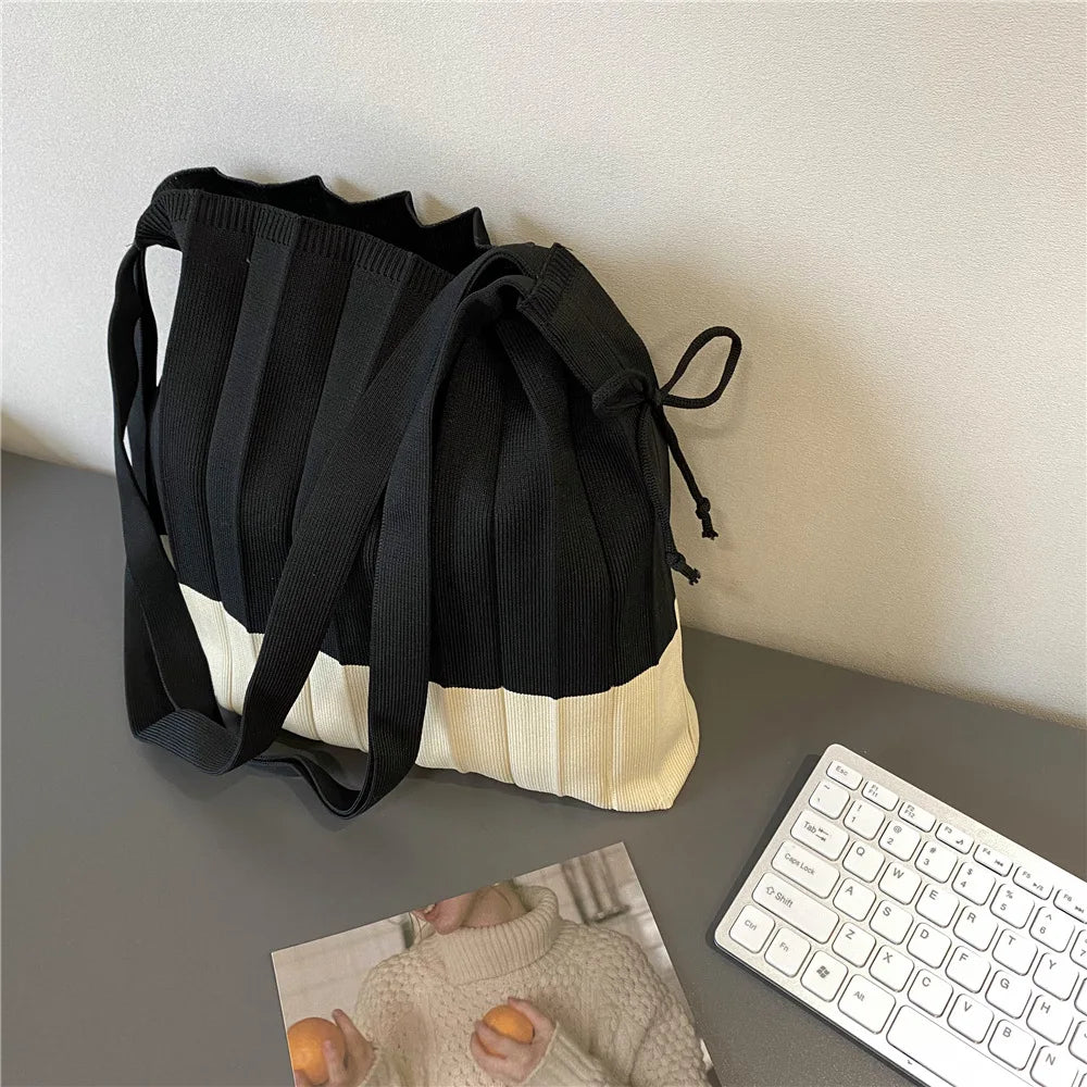 Women Stripe Knit Pleated Bag Folding Single-shoulder Organ Shopping Bags