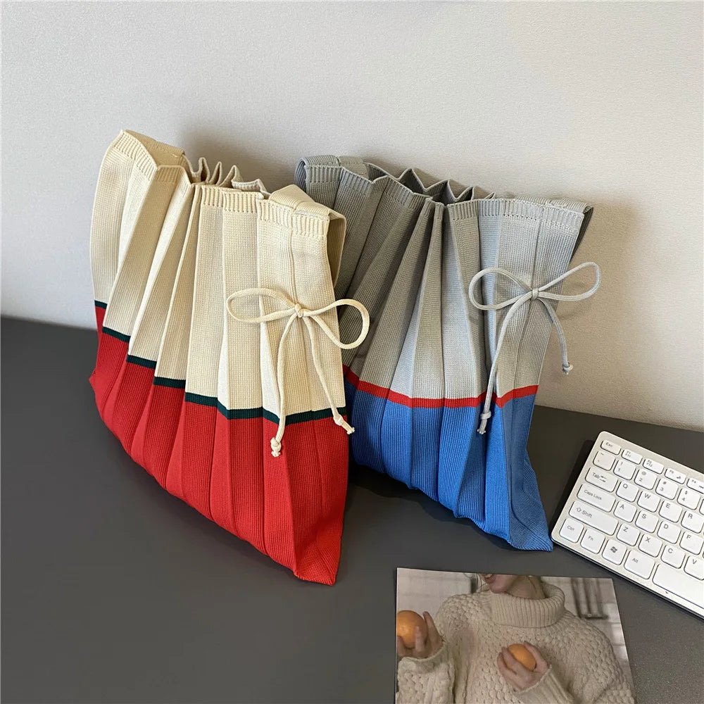Women Stripe Knit Pleated Bag Folding Single-shoulder Organ Shopping Bags