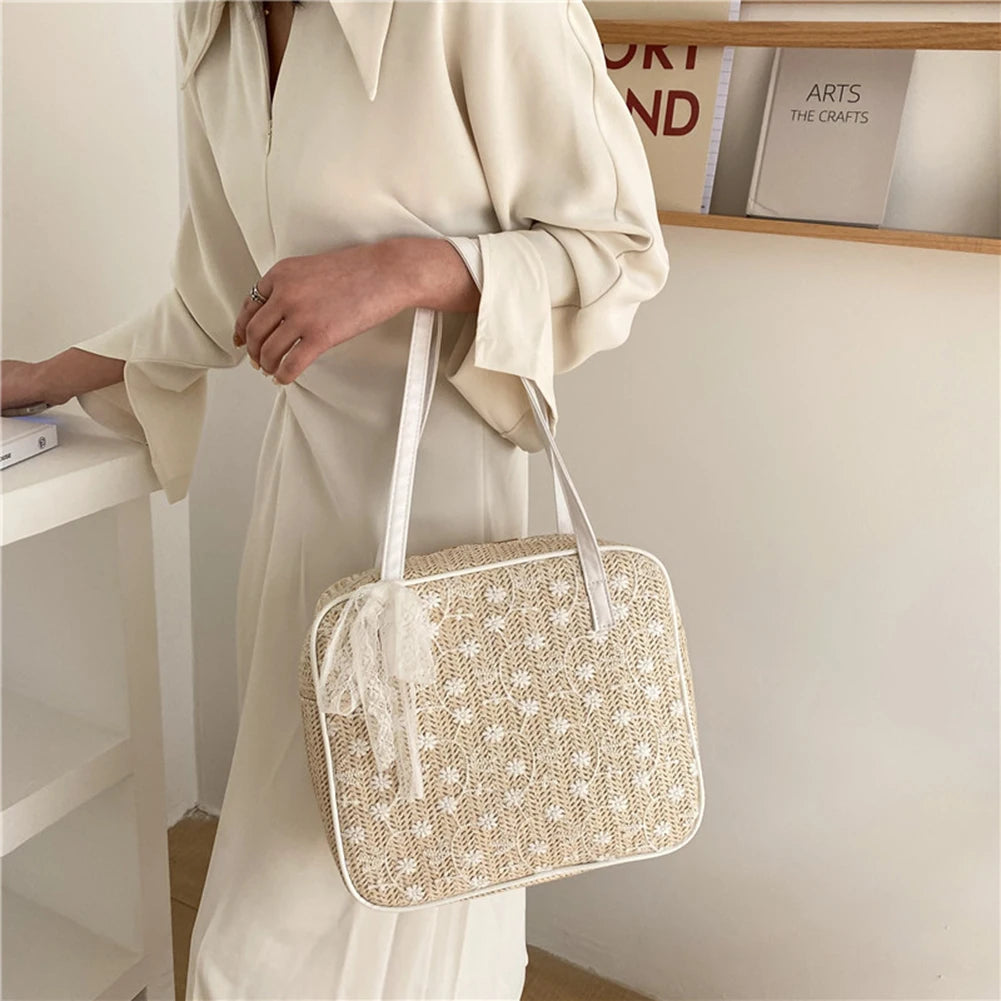 Women Lace Flower Shoulder Underarm Bags Straw Woven Handbags