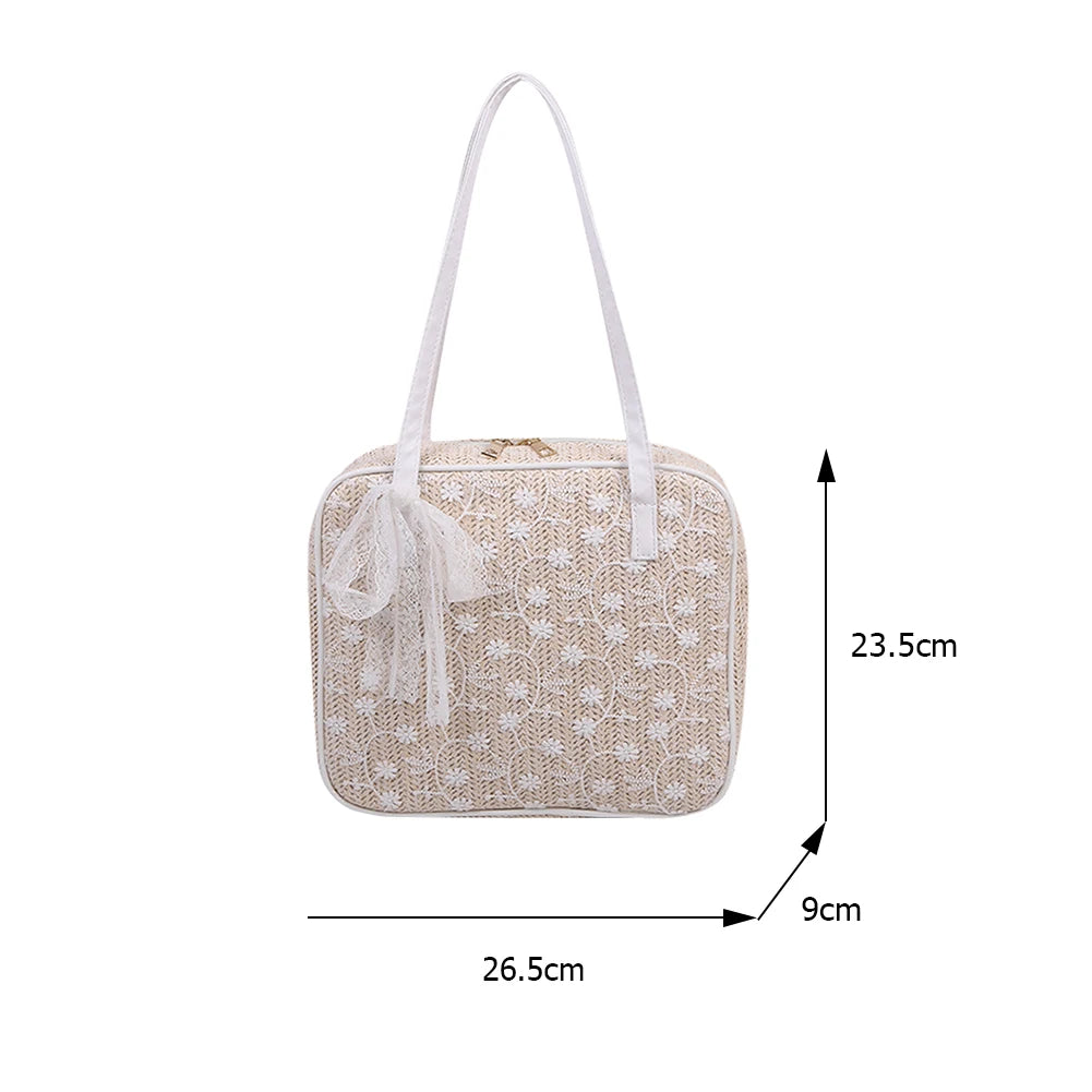 Women Lace Flower Shoulder Underarm Bags Straw Woven Handbags