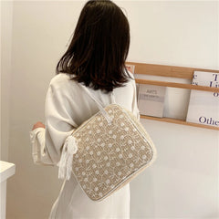 Women Lace Flower Shoulder Underarm Bags Straw Woven Handbags