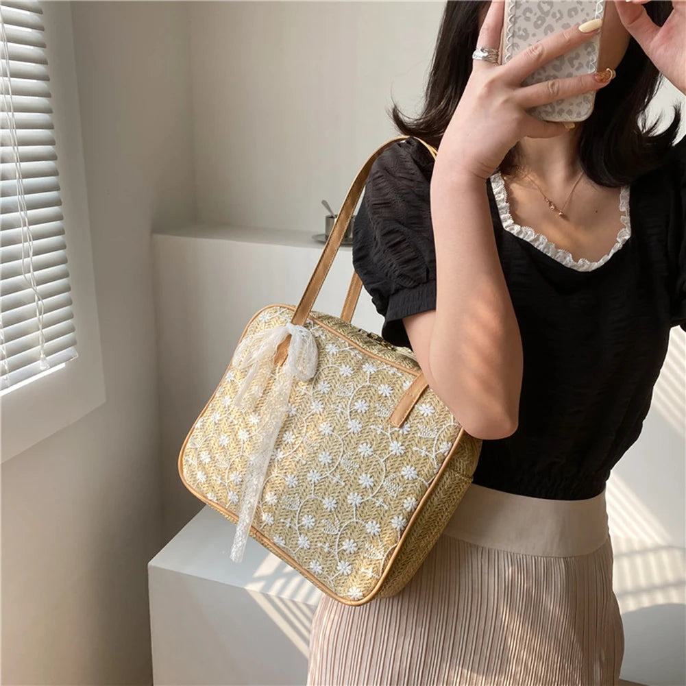 Women Lace Flower Shoulder Underarm Bags Straw Woven Handbags