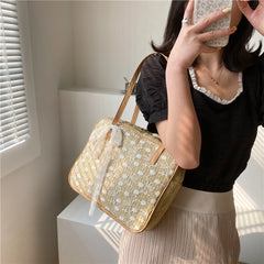 Women Lace Flower Shoulder Underarm Bags Straw Woven Handbags