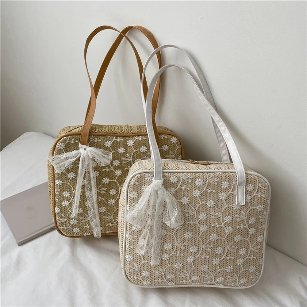 Women Lace Flower Shoulder Underarm Bags Straw Woven Handbags