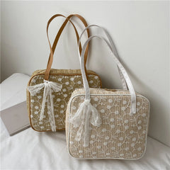 Women Lace Flower Shoulder Underarm Bags Straw Woven Handbags