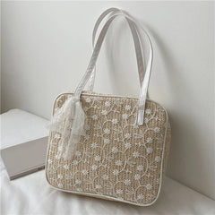 Women Lace Flower Shoulder Underarm Bags Straw Woven Handbags