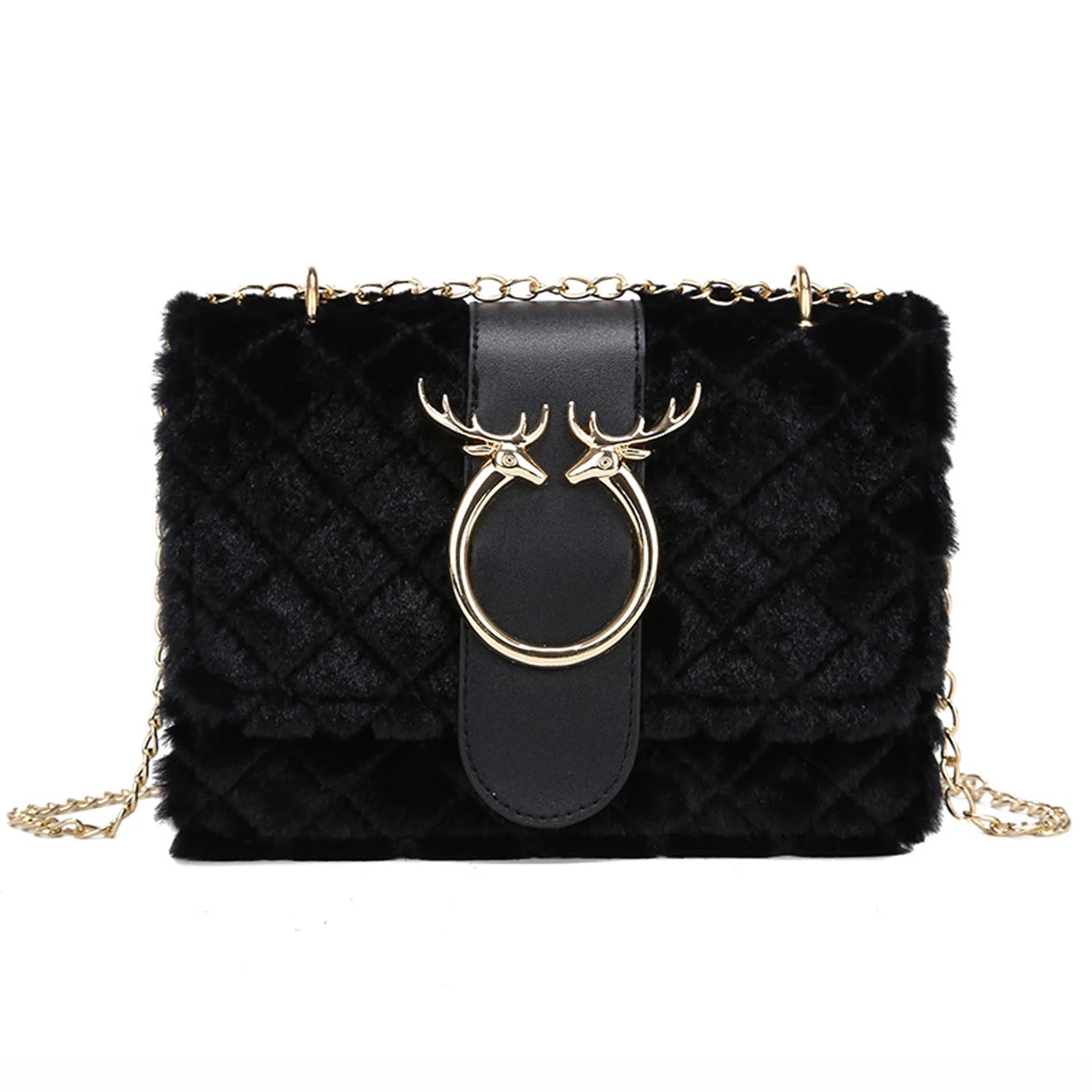Deer Head Pattern Plush Crossbody Bag with Chain Strap