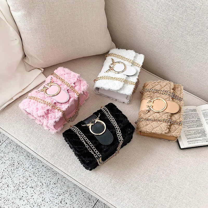 Deer Head Pattern Plush Crossbody Bag with Chain Strap