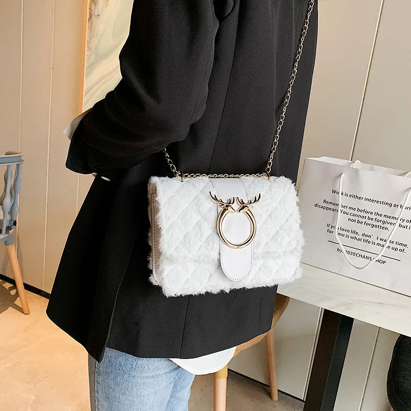 Deer Head Pattern Plush Crossbody Bag with Chain Strap