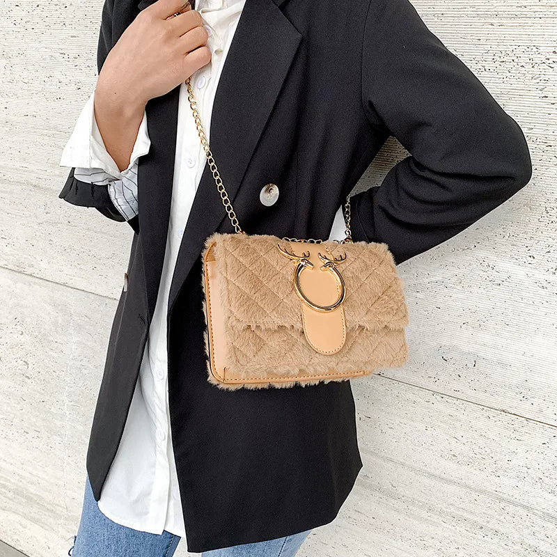 Deer Head Pattern Plush Crossbody Bag with Chain Strap