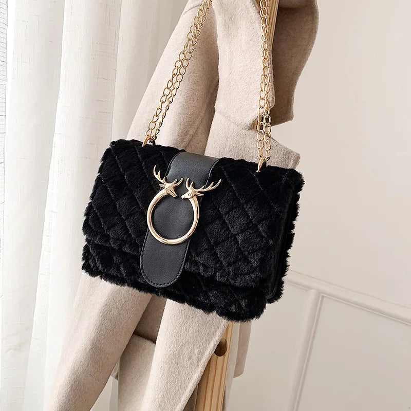 Deer Head Pattern Plush Crossbody Bag with Chain Strap