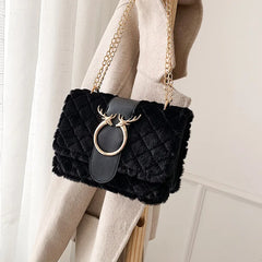 Deer Head Pattern Plush Crossbody Bag with Chain Strap