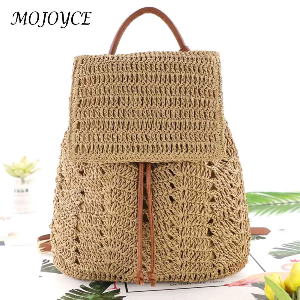 Women Straw Backpack Shoulders Bag Woven Casual Beach Top Handle Bags