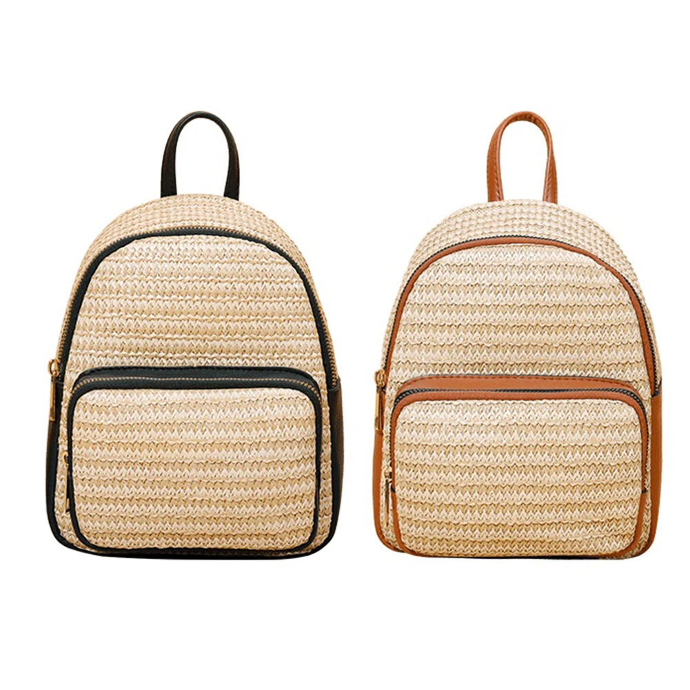 Women Straw Backpack Summer Beach Hand-Woven Leather Schoolbags