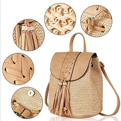 Women Straw Backpacks Hand Woven School Bags Casual Summer Bags