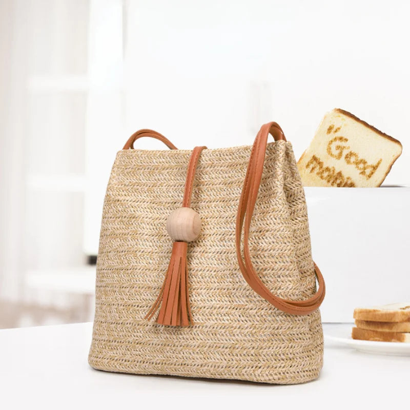 Bohemian Rattan Beach Handbag Straw Bag Knitted Crossbody Bucket Bags