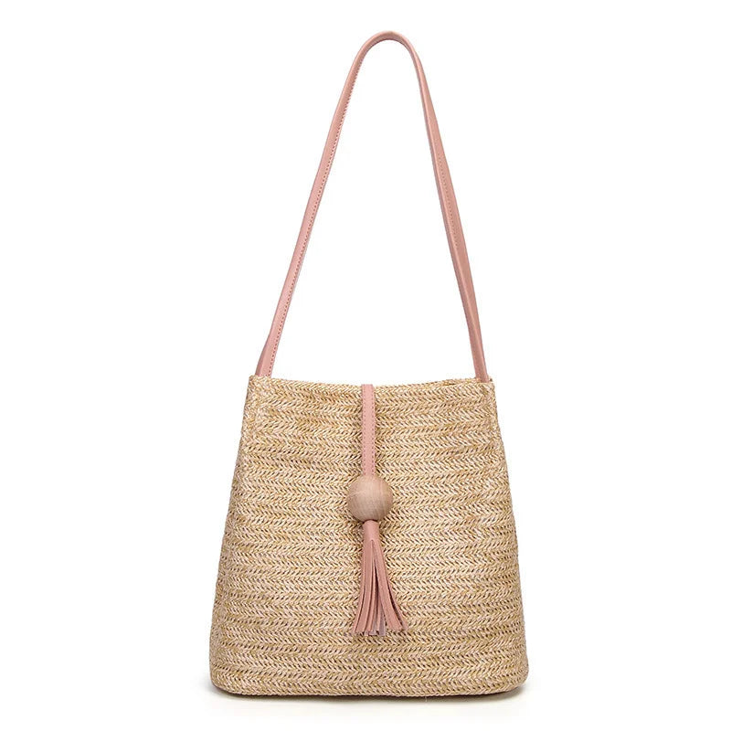 Bohemian Rattan Beach Handbag Crossbody Bucket Bags Tassel Beach Bag