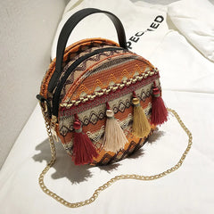 Bohemian Round Straw Beach Bag Women Shoulder Crossbody Handbag