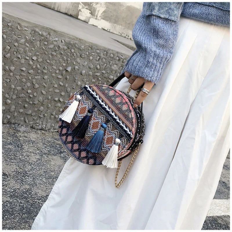 Bohemian Round Rattan Woven Beach Shoulder Bag