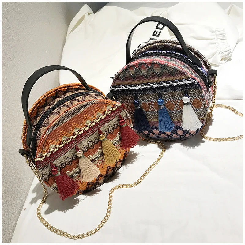 Bohemian Round Straw Rattan Beach Bag Crossbody Handbag
