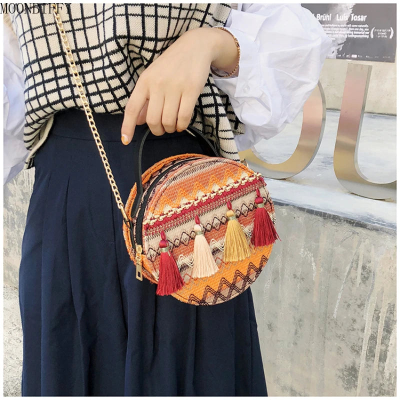 Bohemian Round Rattan Woven Beach Shoulder Bag