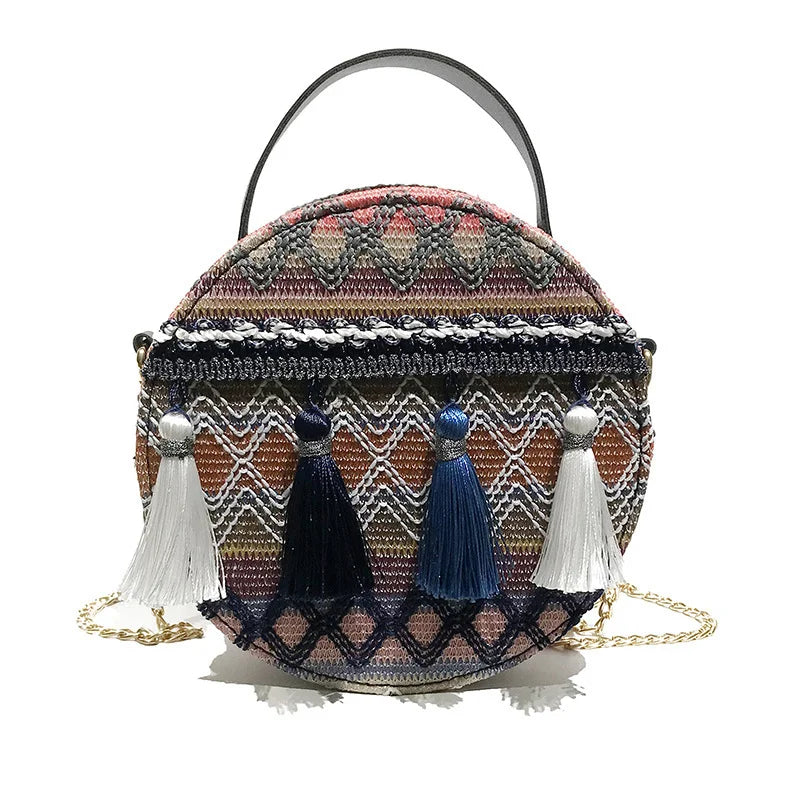 Bohemian Round Straw Rattan Beach Bag Crossbody Handbag
