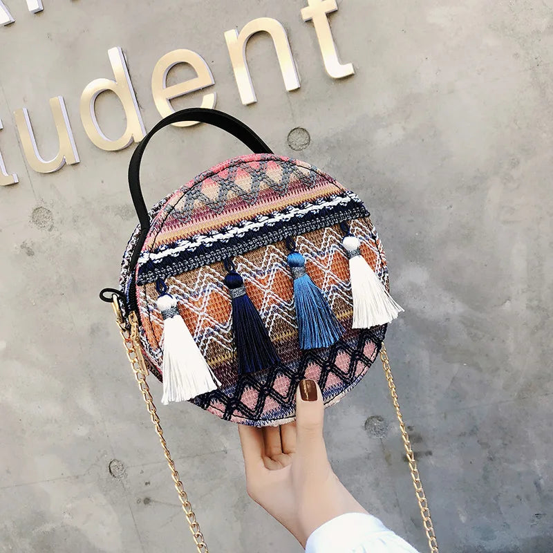 Bohemian Round Straw Beach Bag Women Shoulder Crossbody Handbag