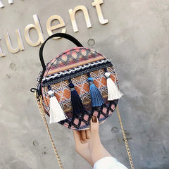 Bohemian Round Straw Beach Bag Women Shoulder Crossbody Handbag