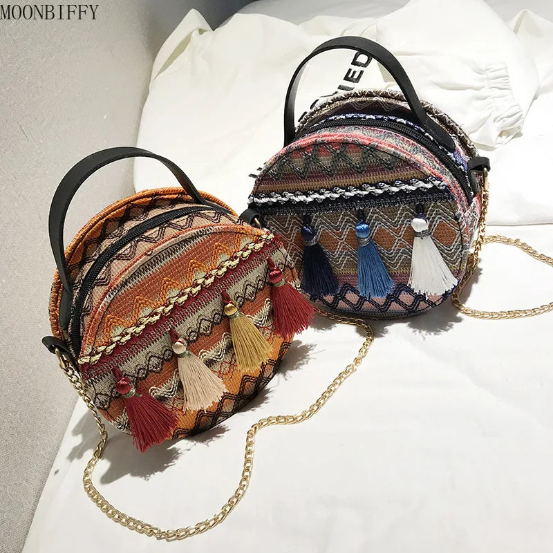 Bohemian Round Rattan Woven Beach Shoulder Bag