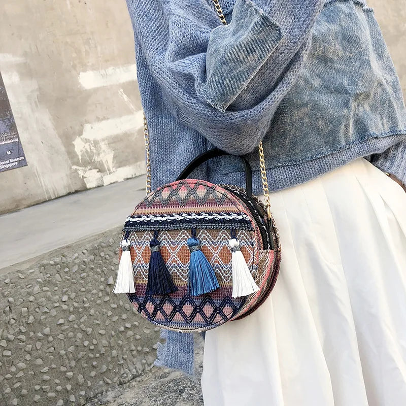 Bohemian Round Rattan Woven Beach Shoulder Bag