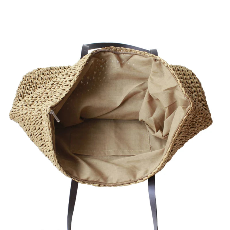 Women Straw Beach Bag Durable Weave Bucket Handbag Casual Rattan Tote