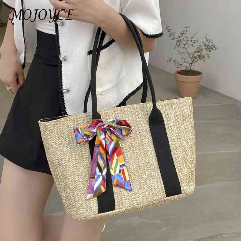 Women Straw Beach Bags Summer Pool Bag with Zipper Solid for Lady