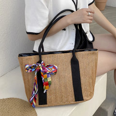 Women Straw Beach Bags Summer Pool Bag with Zipper Solid for Lady