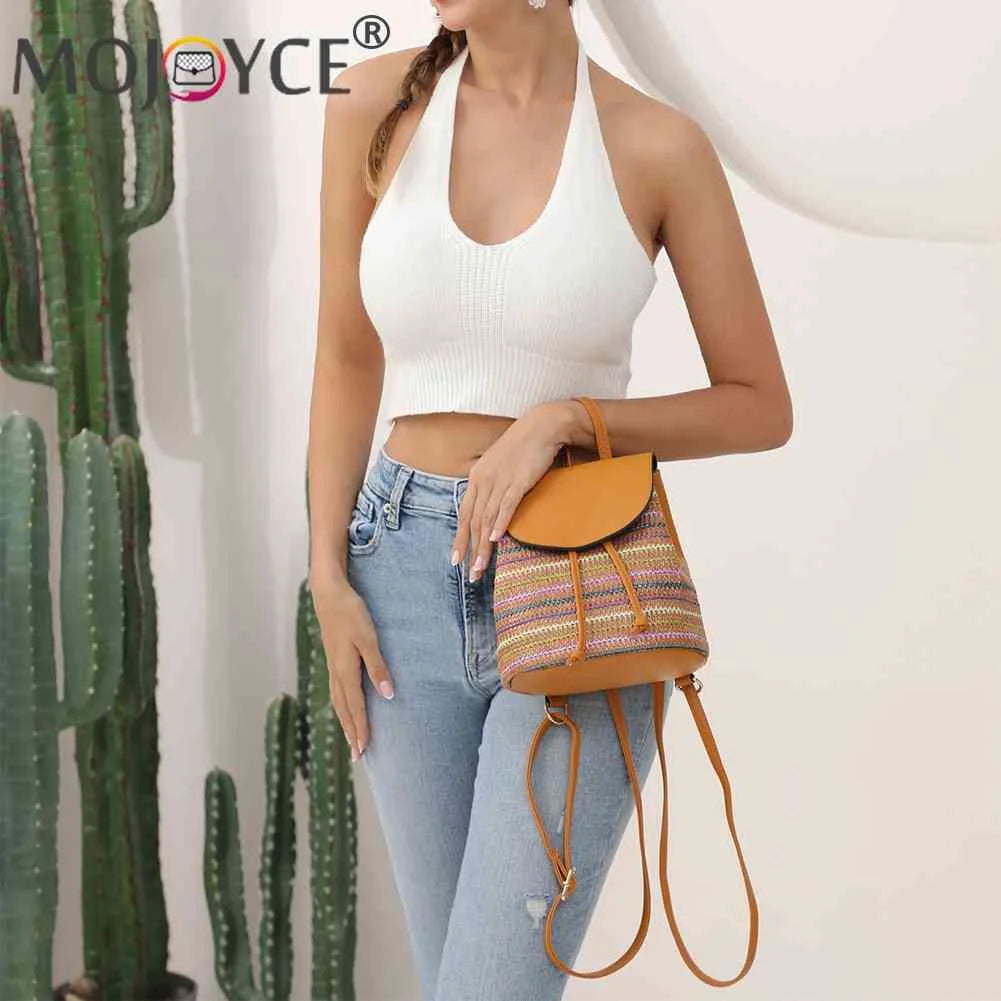 Women Straw Embroidery Shoulder Backpack Boho Ethnic Summer Beach Bucket Bag