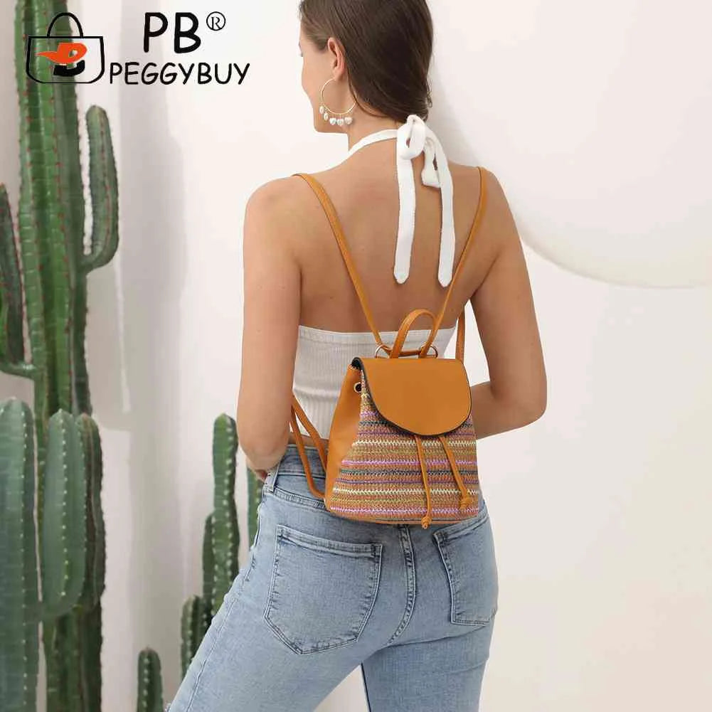 Women Straw Embroidery Shoulder Backpack Boho Ethnic Spring Summer Beach