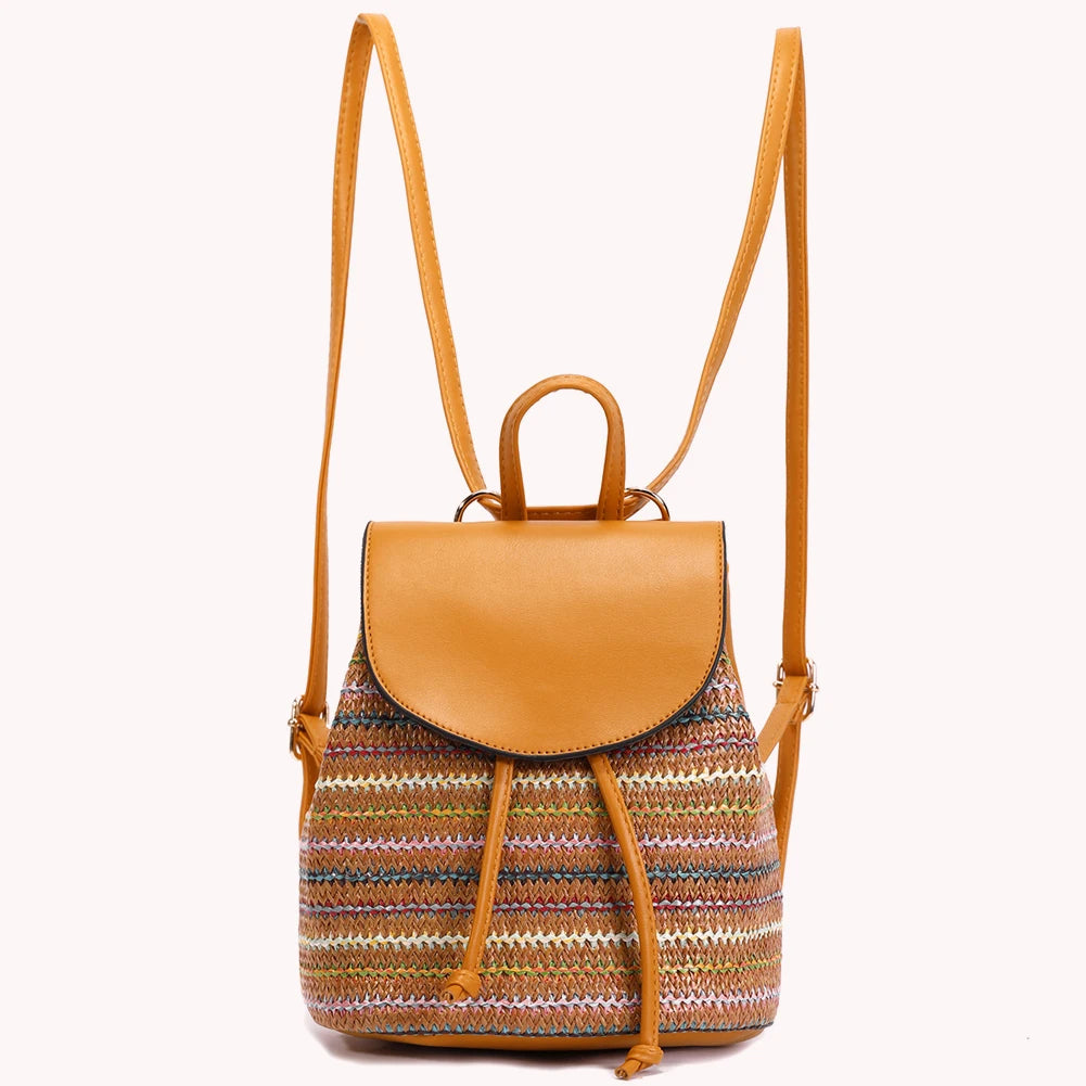 Embroidered Straw Shoulder Backpack Boho Beach Woven Schoolbags