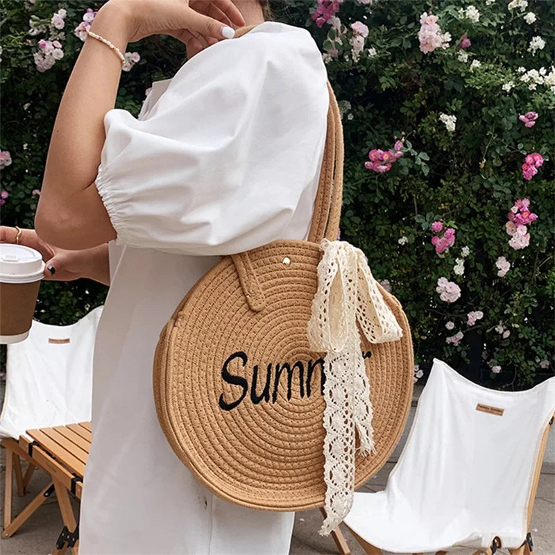 Women Straw Shoulder Bag Round Tote Bag Ribbon Decoration