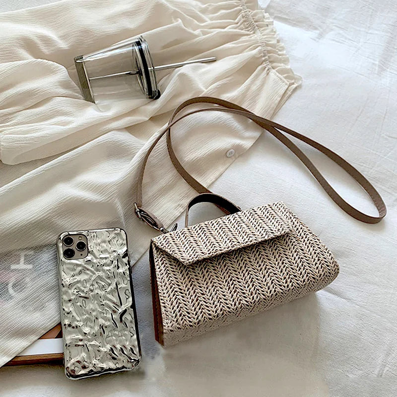 Straw Shoulder Bag Summer Purse Handbag Shopper Solid Weave Crossbody Bag