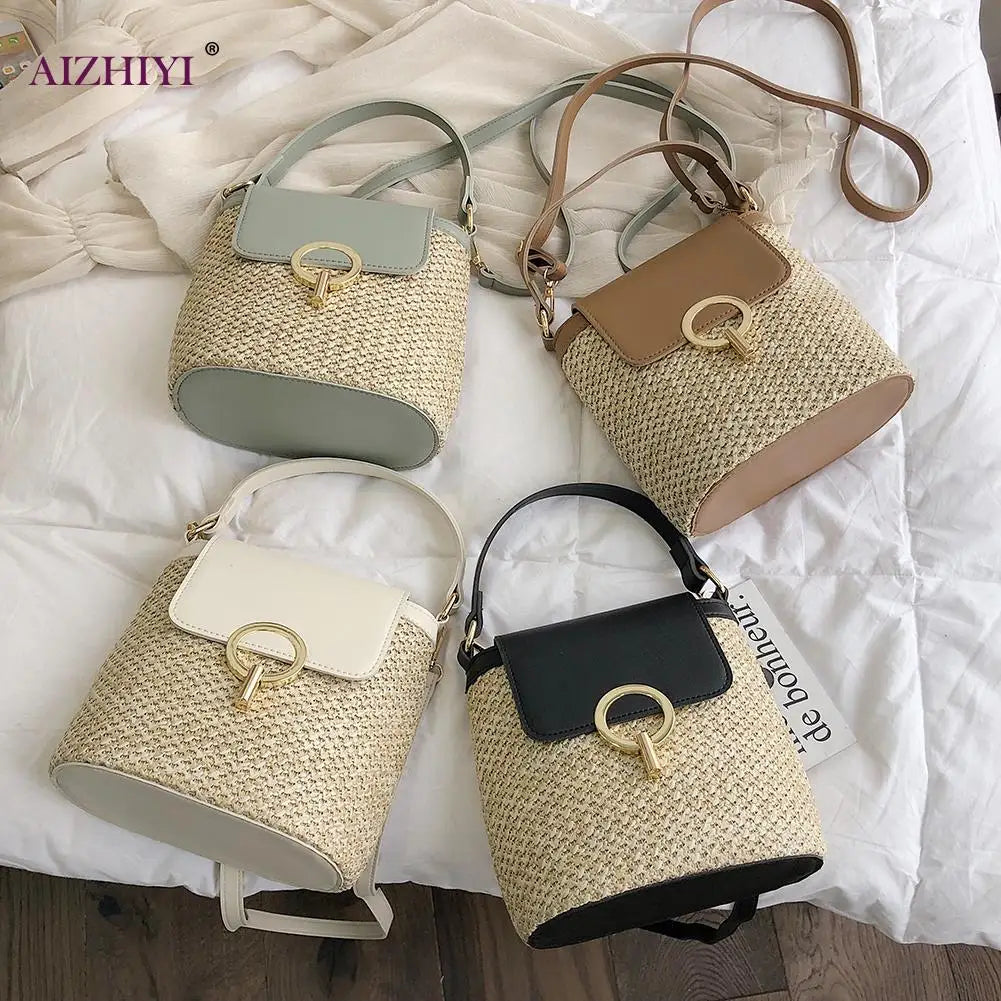 Straw Weave Shoulder Bags for Women Summer Bucket Handbags Beach Totes
