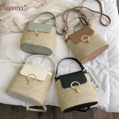Straw Weave Shoulder Bags for Women Summer Bucket Handbags Beach Totes