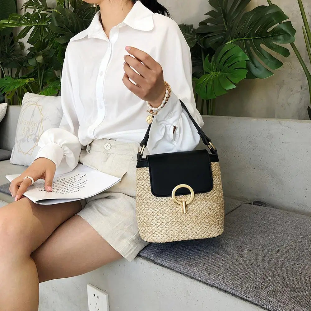 Straw Weave Shoulder Bags for Women Summer Bucket Handbags Beach Totes