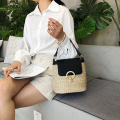 Straw Weave Shoulder Bags for Women Summer Bucket Handbags Beach Totes