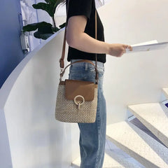 Straw Weave Shoulder Bags for Women Summer Bucket Handbags Beach Totes